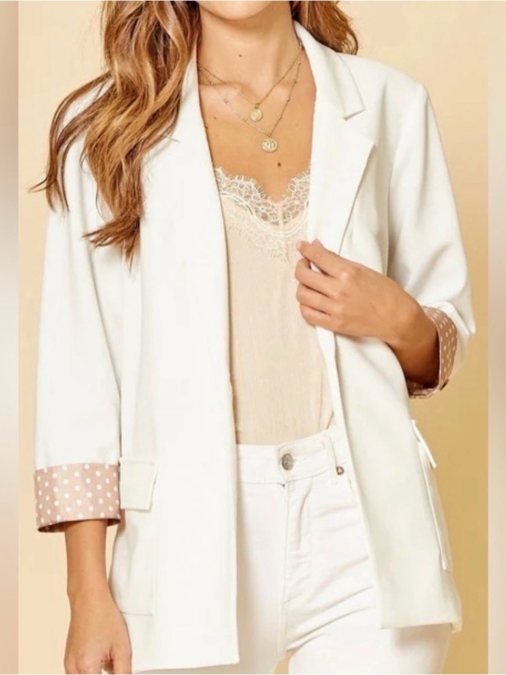 ANDREE BY UNIT Cream Open-Front Blazer with Polka Dot Lining